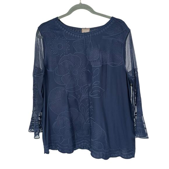 NEW Chico's Dusty Navy Tonal Embroidered 3/4 Sleeves Blouse Sz 2 (12) - Picture 1 of 7